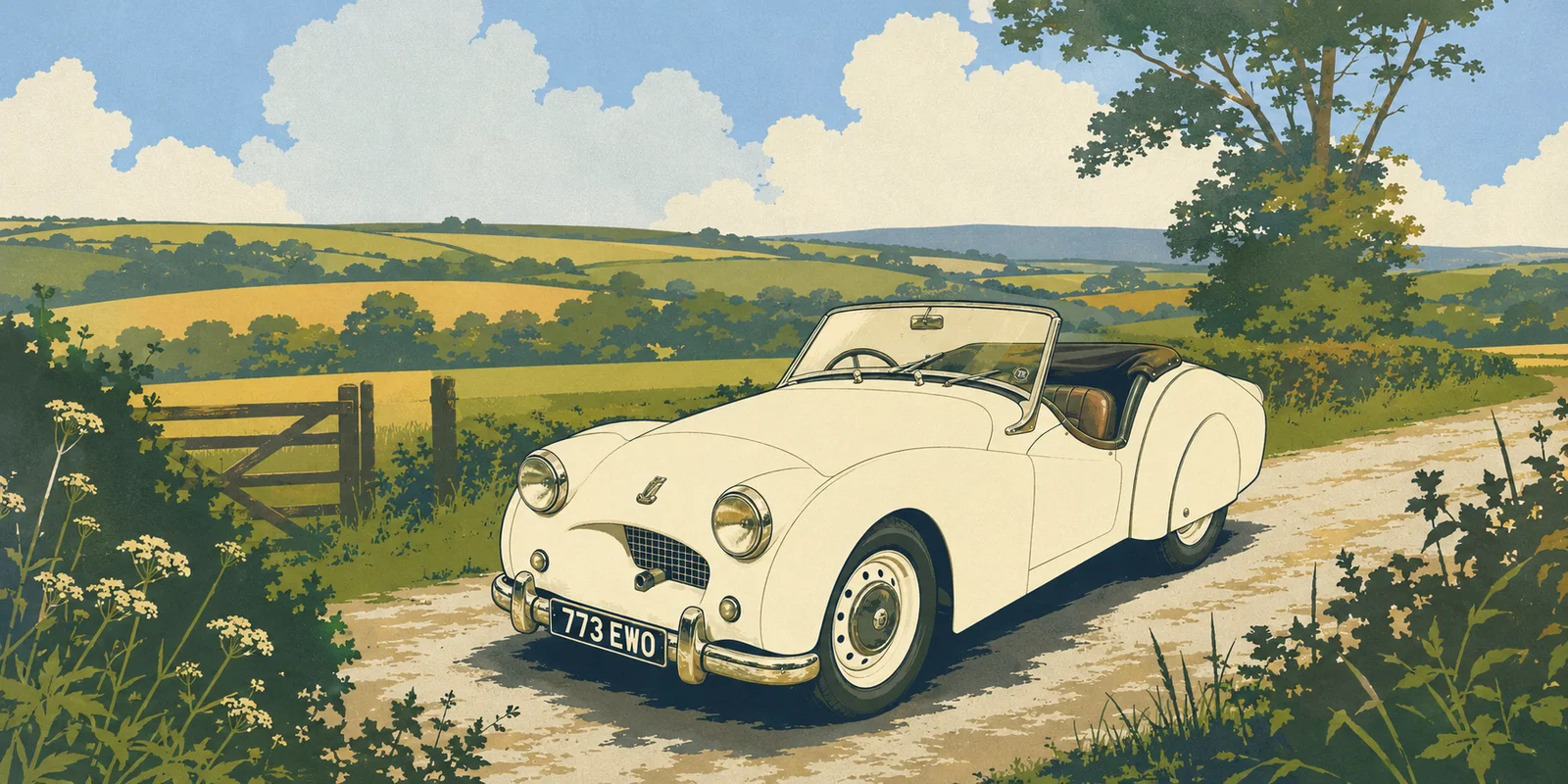 TS2 on the road, painted in the manner of a railway travel poster