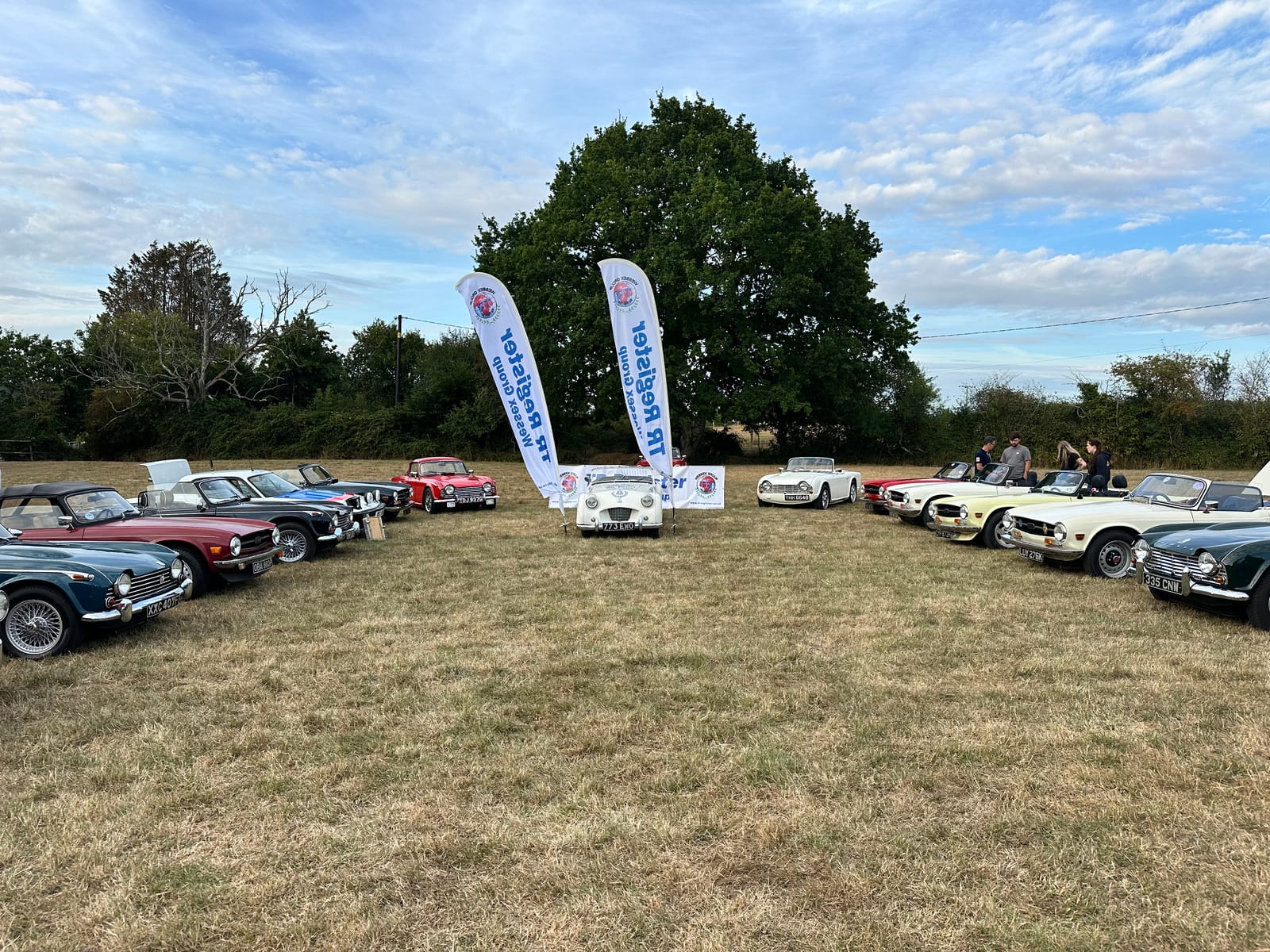 Two rows of TRs facing each other across a field, TS2 alone in the gap between them beside the club flags