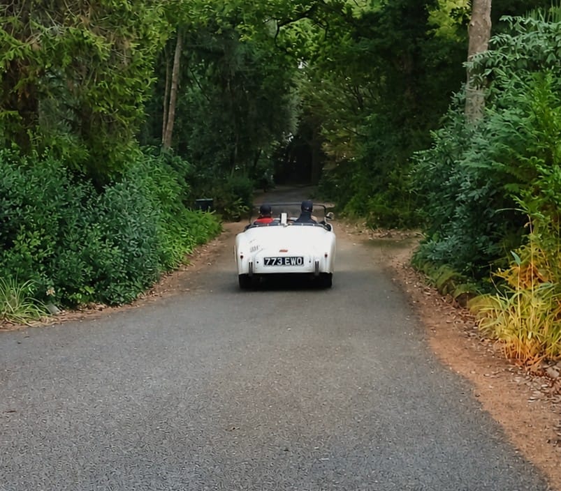TS2 heading away down a leafy lane, two up with the hood down, 773 EWO on the plate