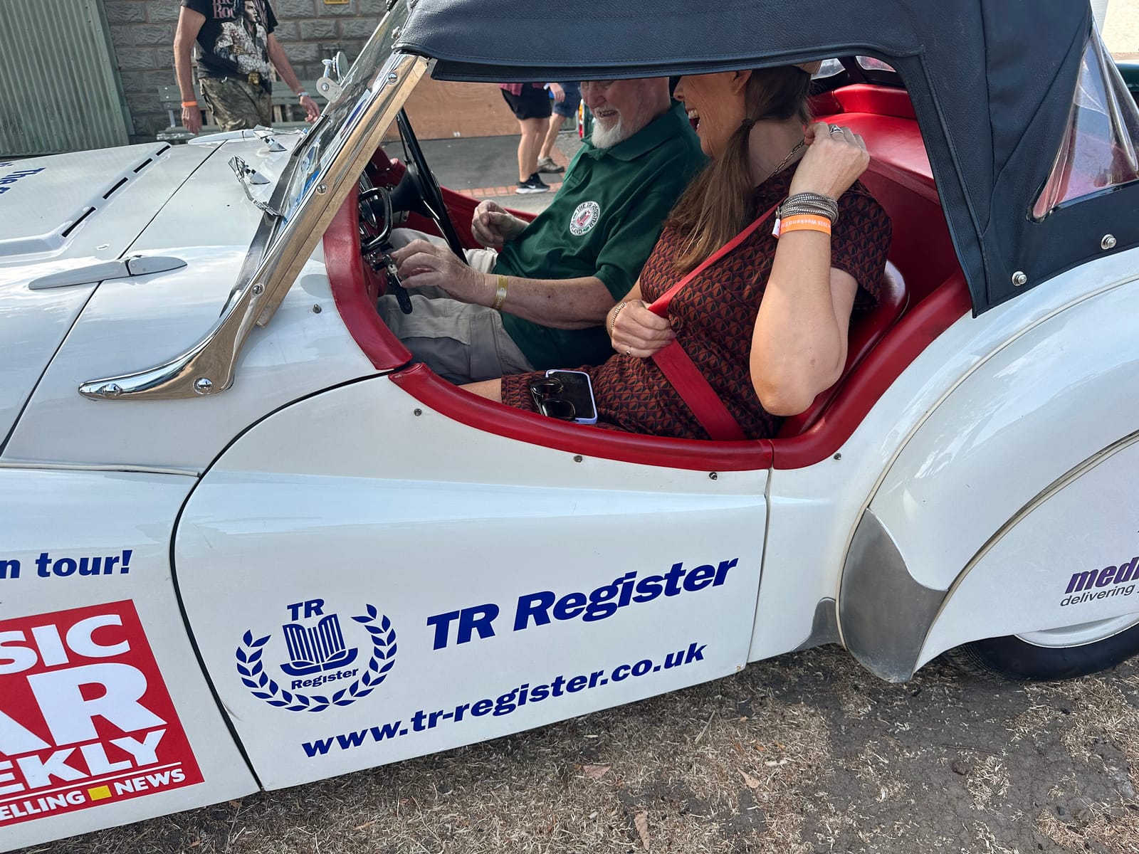 Evie in TS2’s passenger seat with Keith Read at the wheel, before the show opened