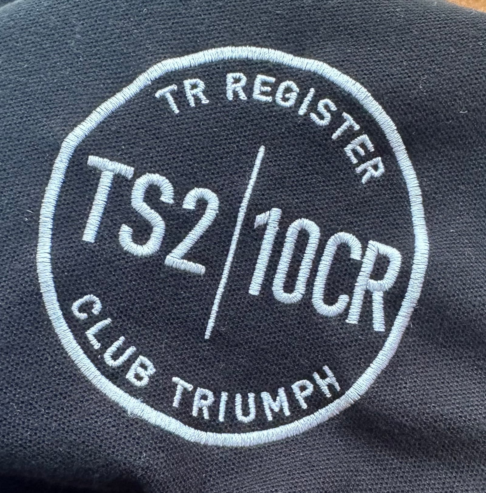 The co-branded shirt we had run up: a TR Register roundel reading “TS2 | 10CR — Club Triumph”