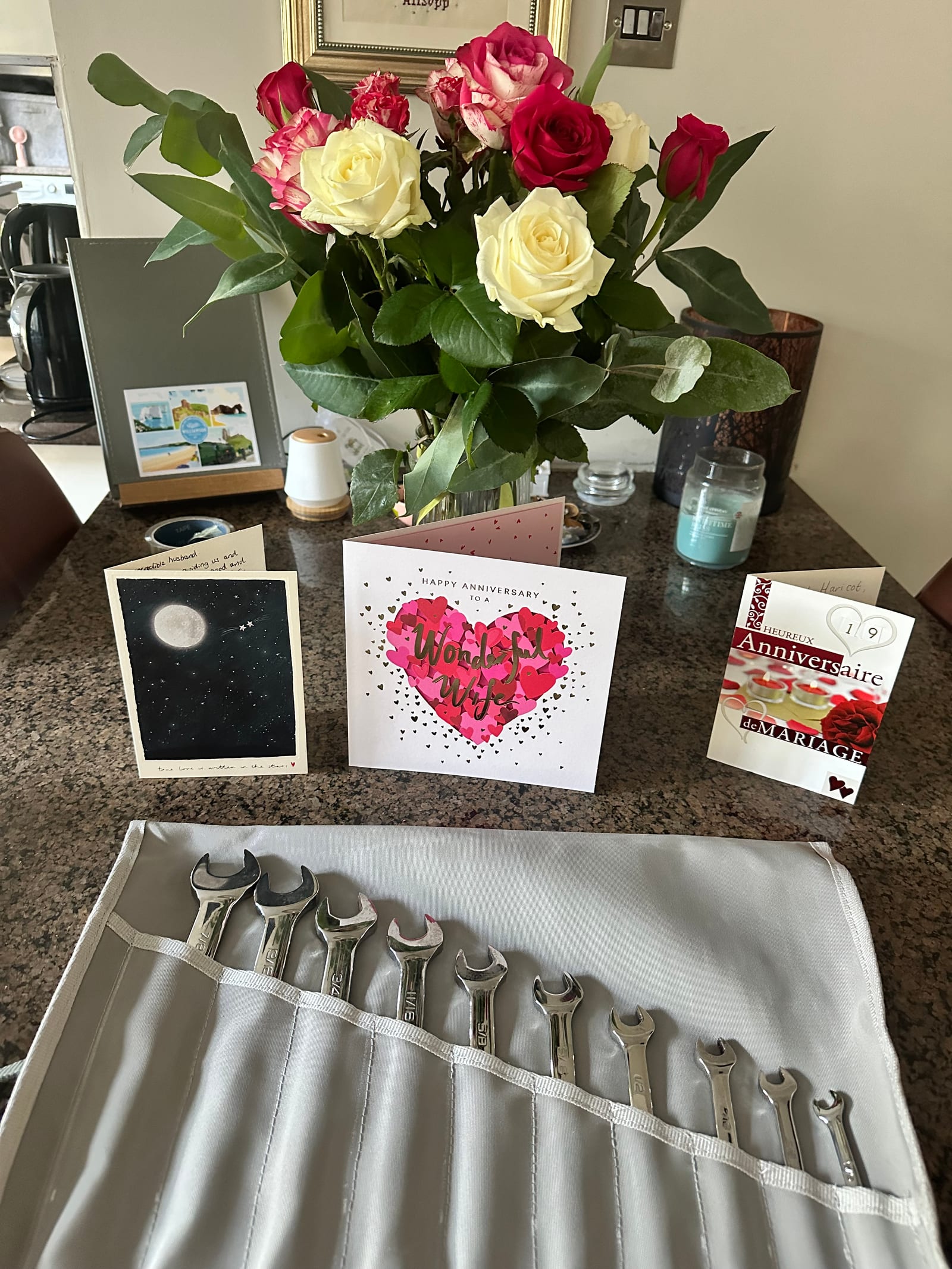 Spanners and roses, the anniversary morning
