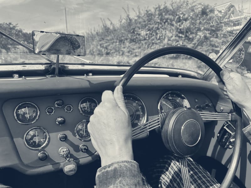 Hands on the wheel of TS2, red dash and its row of gauges ahead, hedgerow going past
