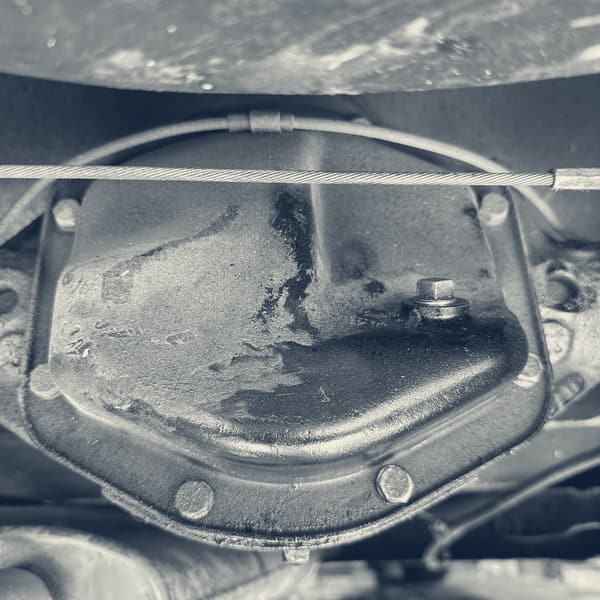 A drain plug and its pan from below, clean and dry around the joint