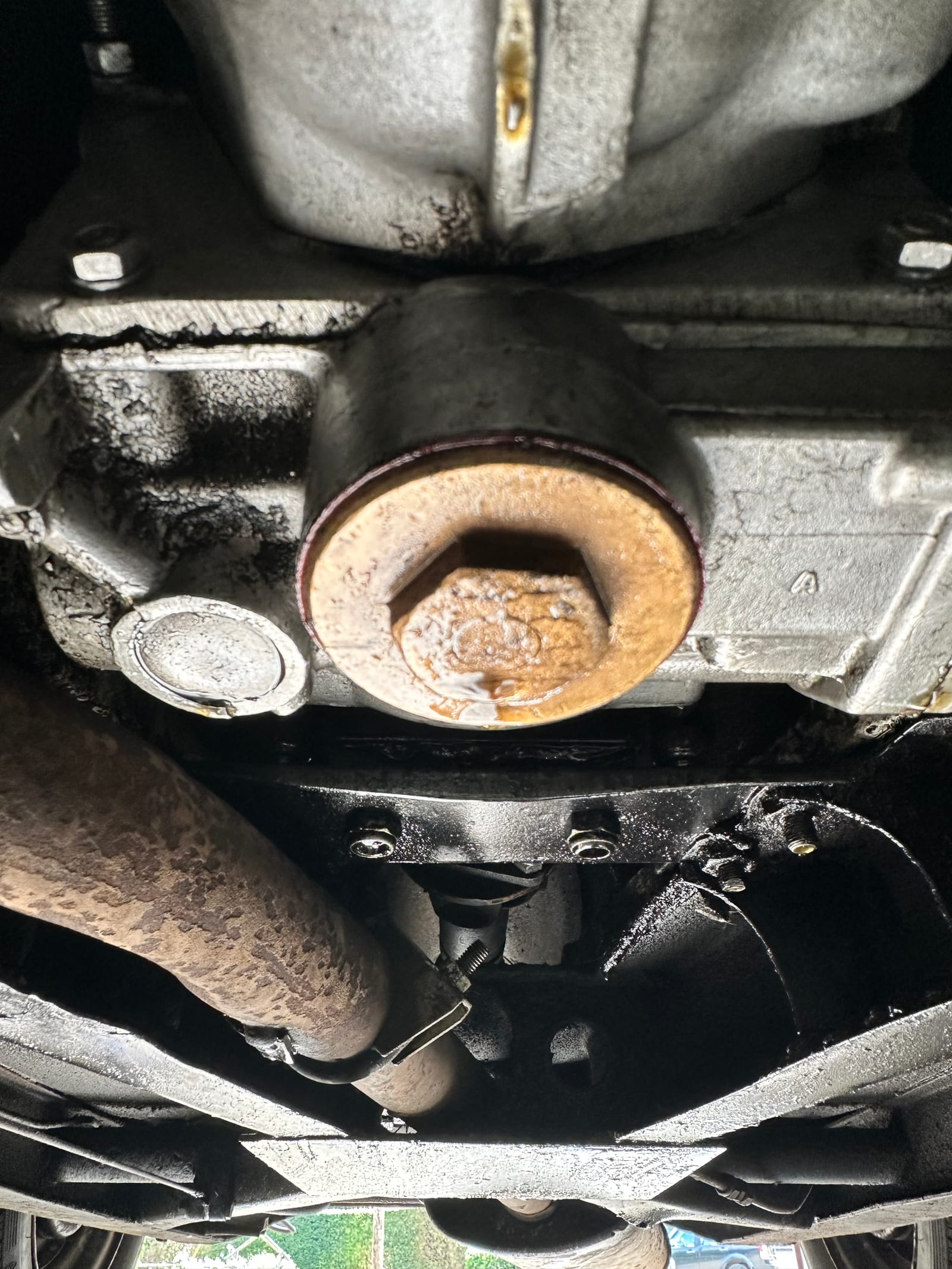 The gearbox from below, a filler plug ringed with fresh grease