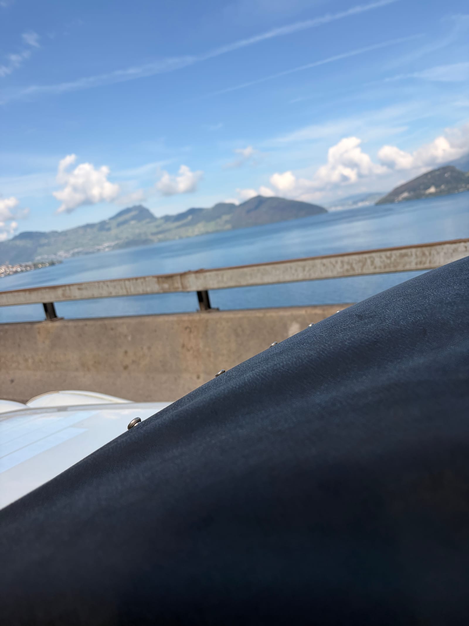 The Sempachersee, or Lucerne glimpsed through a line of trees under a blue sky with fair-weather cloud