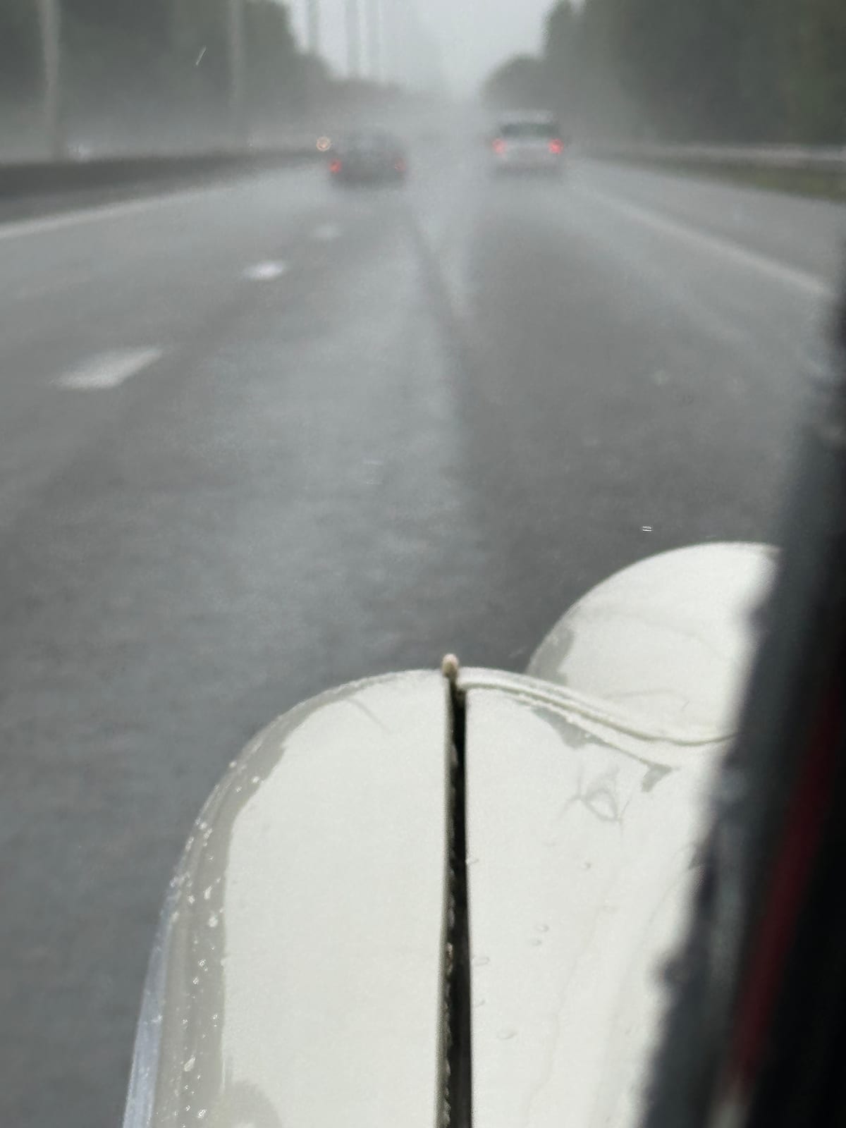 Flat Belgian motorway in heavy spray, two cars ahead almost lost in it, TS2's wet white wing in the foreground