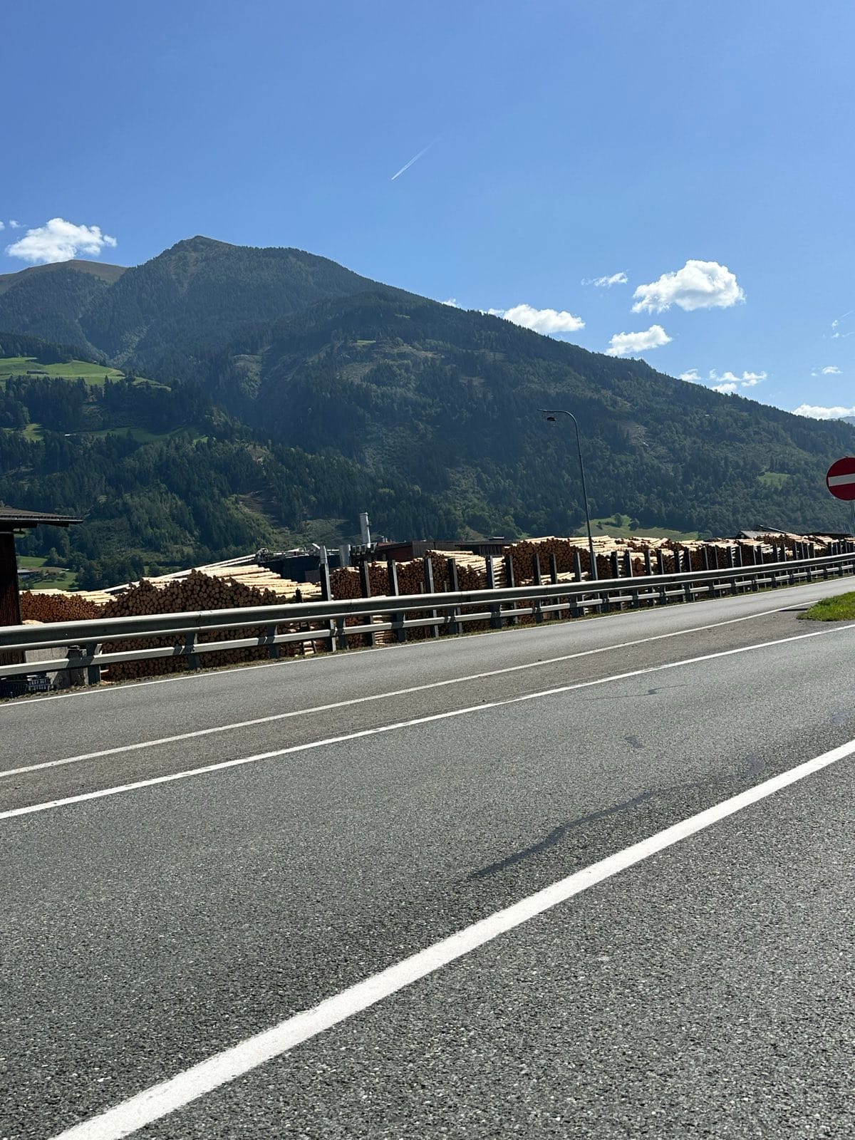 Stacks of cut timber along the roadside under a forested mountain