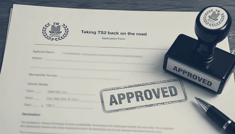 An application form headed “Taking TS2 back on the road”, stamped APPROVED in blue, with the rubber stamp and a pen beside it.