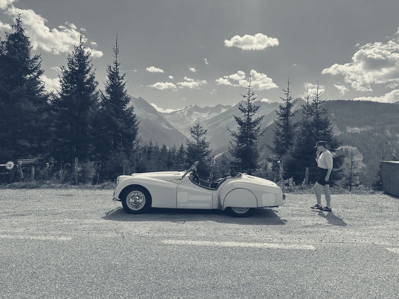 TS2 side on at an Alpine viewpoint, spruces and snow streaked peaks behind her