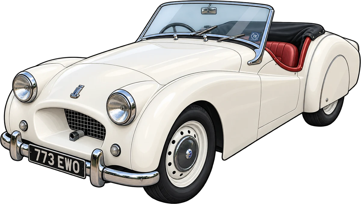 Illustration of TS2, a white 1953 Triumph TR2 registered 773 EWO, hood down