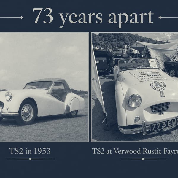 73 years apart… and ready for next week's adventure. On one side, TS2 in 1953 - the first right-hand-drive Tri